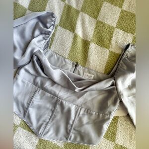 Satin cropped light blue long sleeve top